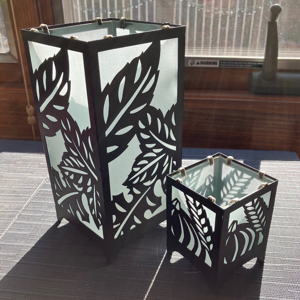 PIER 1 IMPORTS CANDLE HOLDERS, SET OF TWO, OIL RUBBED BRONZE AND FROSTED GLASS